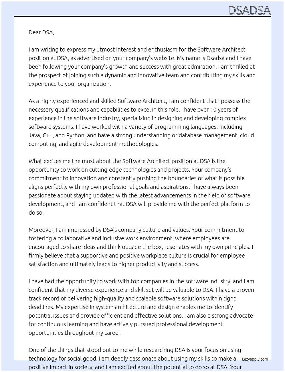 Software Architect At dsa Cover Letter