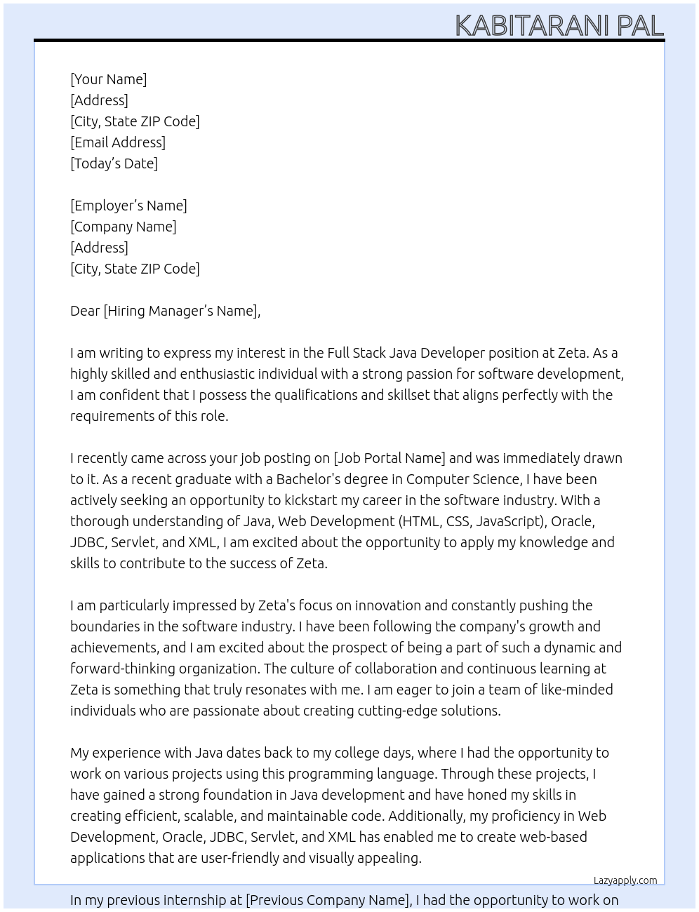 full stack java developer At Zeta Cover Letter