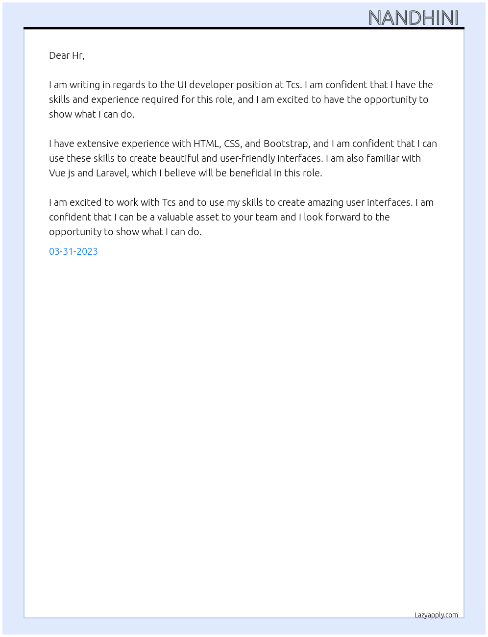 UI developer At Tcs Cover Letter