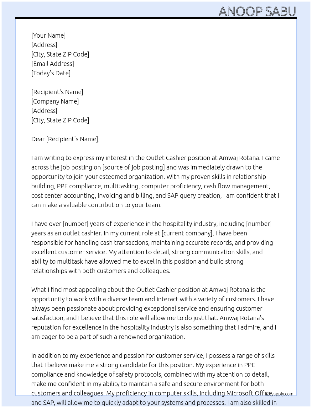 Cover letter for outlet cashier - LazyApply