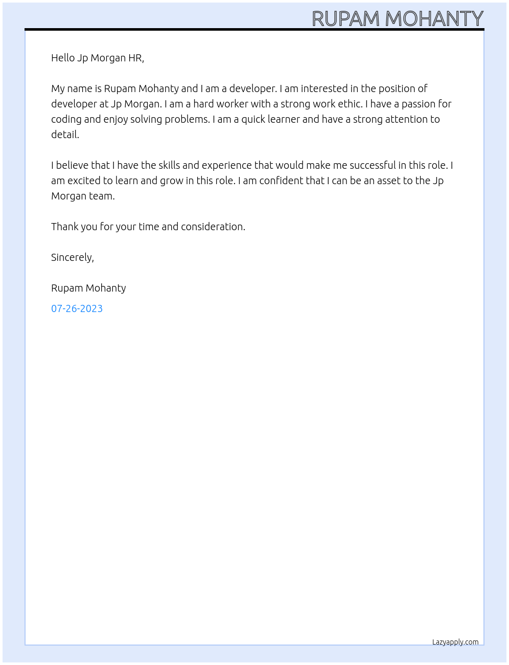 devloper At Jp Morgan Cover Letter