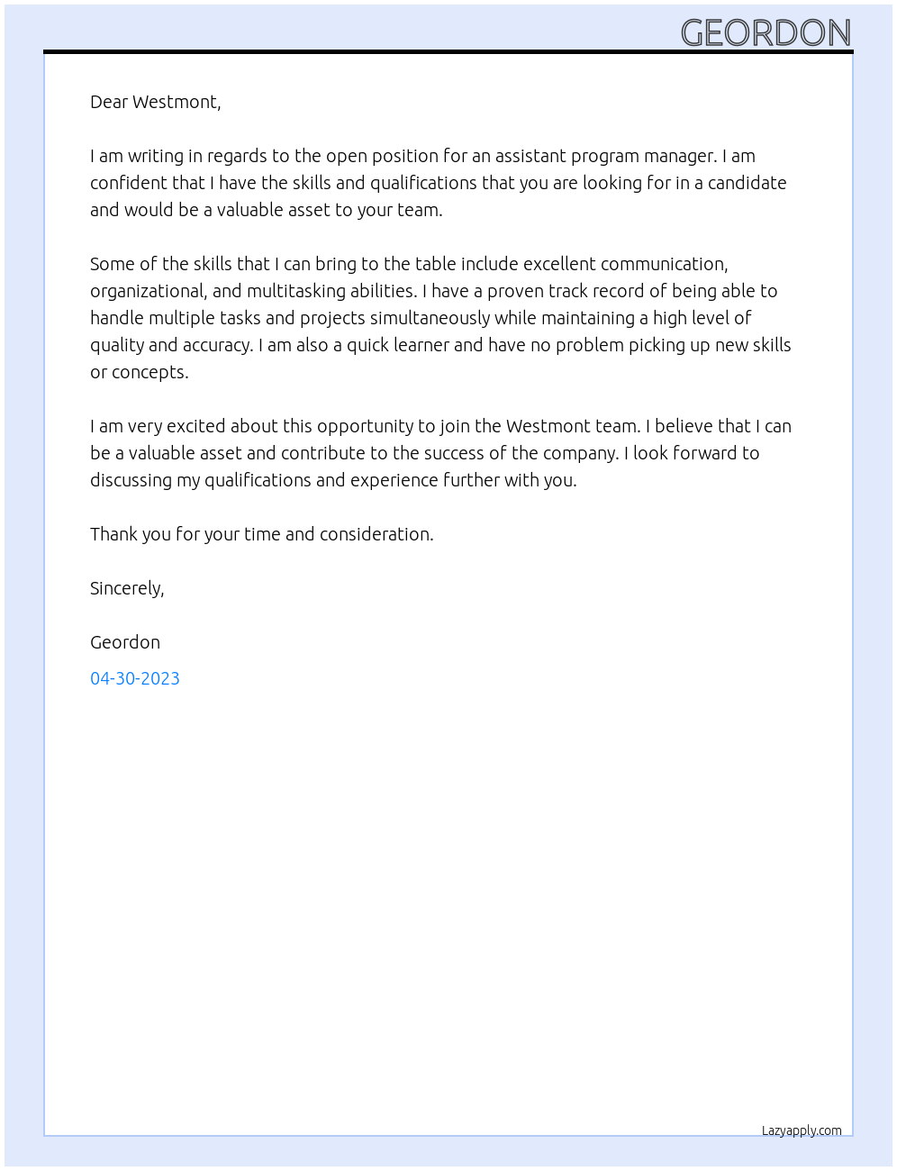 Assistant program manager At Westmont Cover Letter