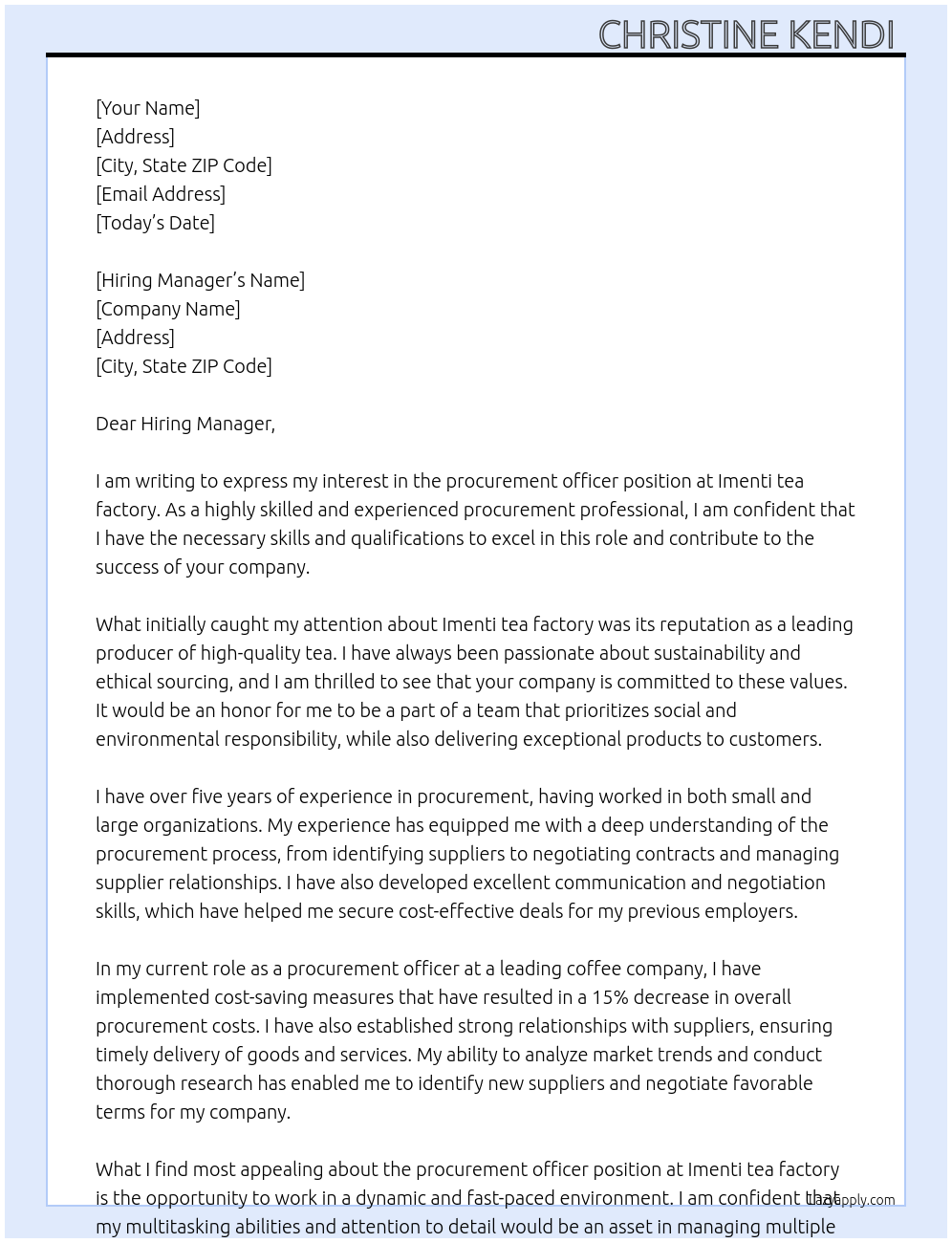 procurement officer At Imenti tea factory Cover Letter