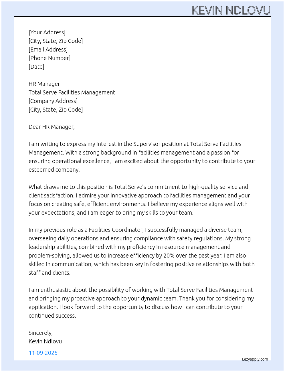 Supervisor At Total Serve Facilities Management Cover Letter