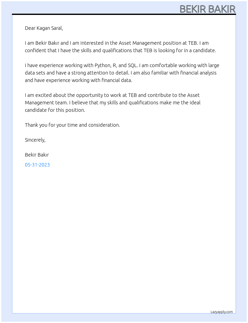 Asset Management At TEB Cover Letter