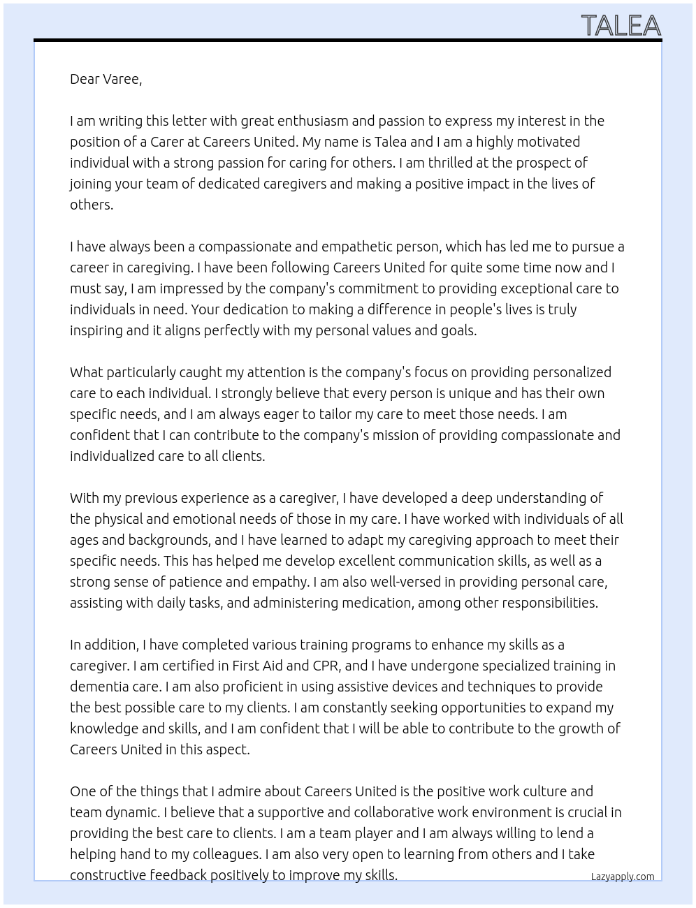 Carer At Careers united Cover Letter