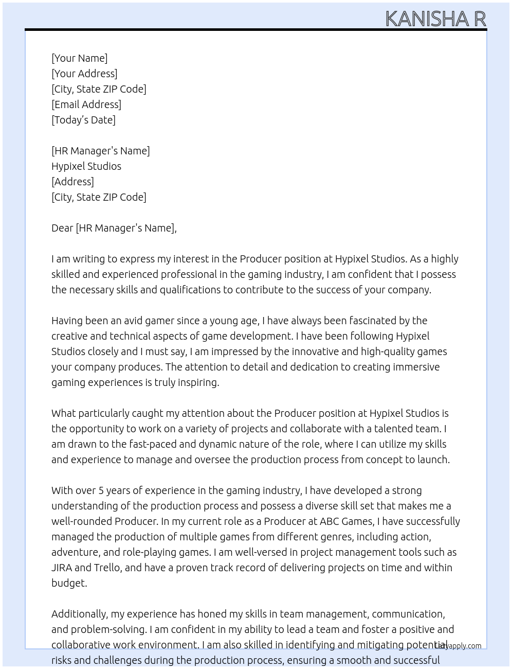 Producer At Hypixel Studios Cover Letter