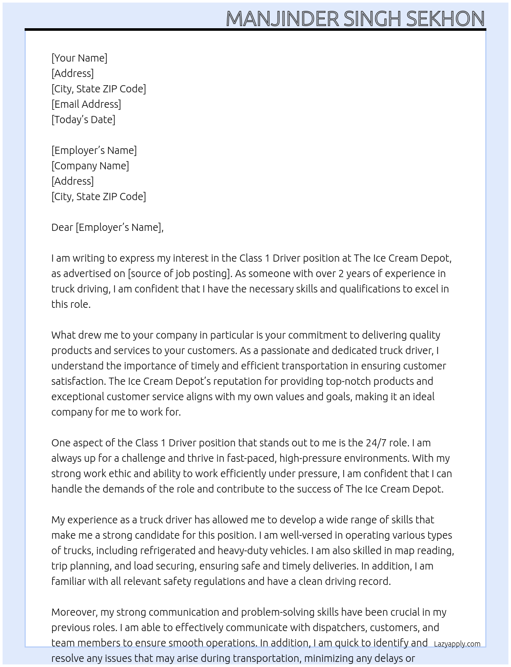 Class 1 driver At The Ice Cream Depot Cover Letter