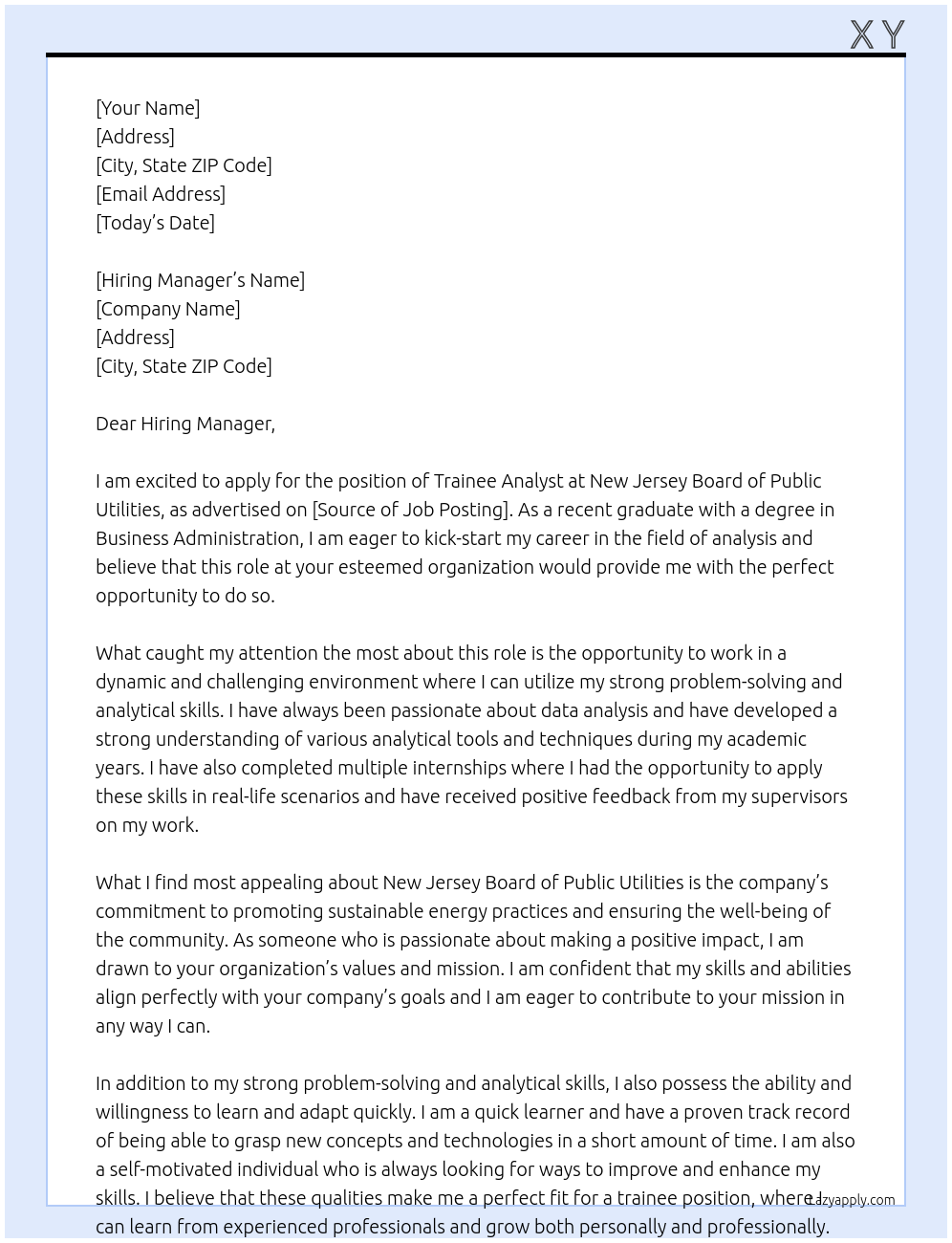 Trainee Analyst At New Jersey Board of Public Utilities  Cover Letter