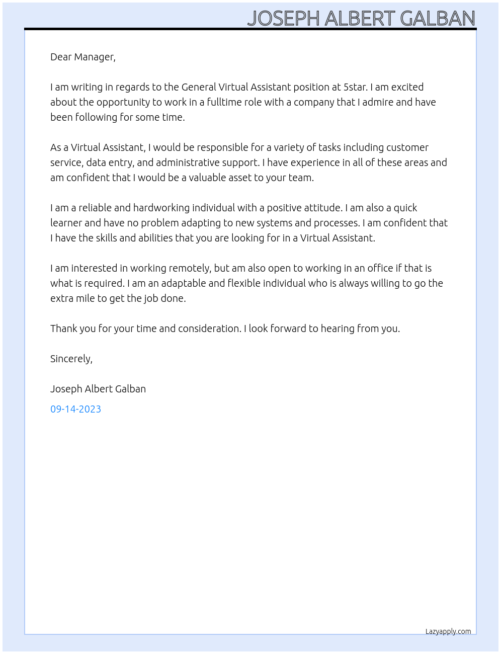 General Virtual Assistant At 5star Cover Letter