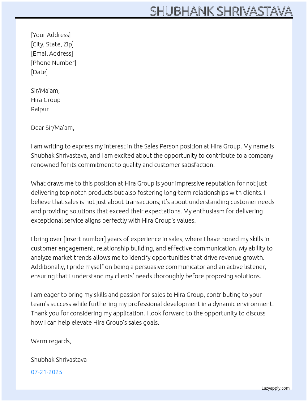 SALES PERSON At Hira Group Raipur Cover Letter