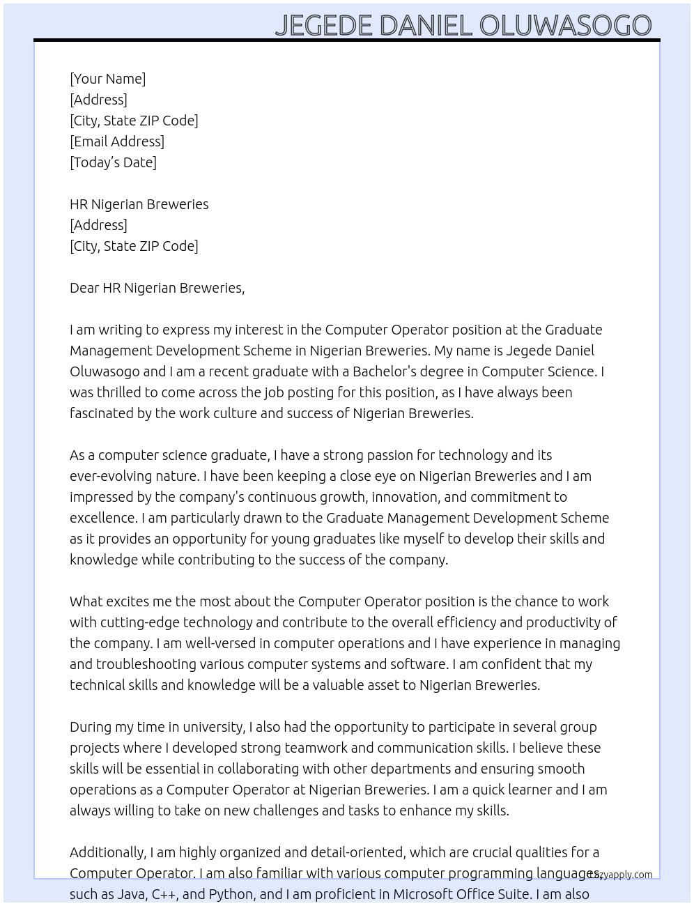 Computer operator At Graduate Management Development Scheme Cover Letter