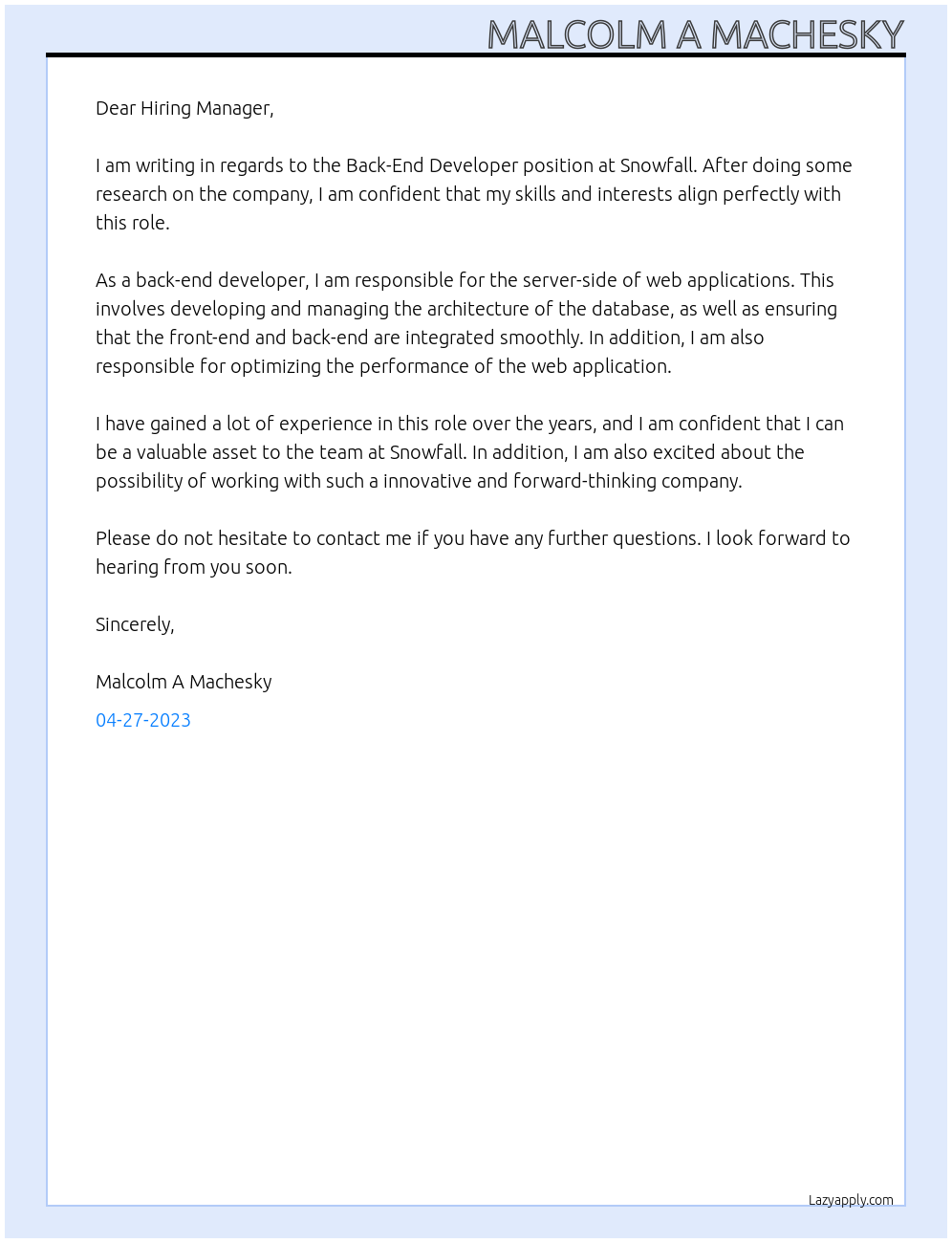 Back-End Developer At Snowfall Cover Letter