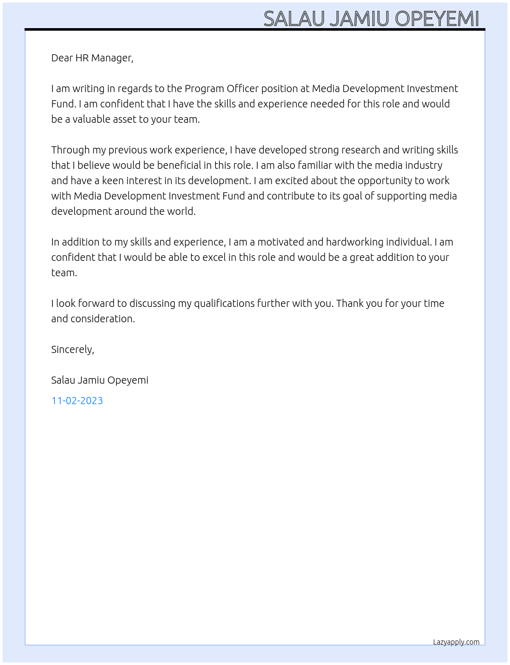 Program Officer At Media Development Investment Fund Cover Letter