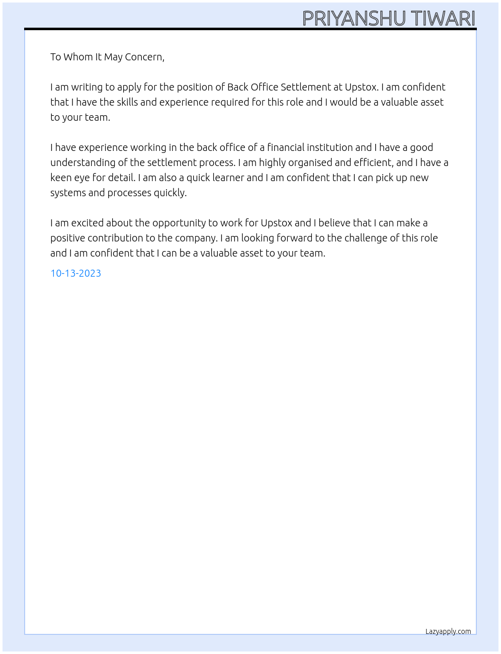Back Office settlement At Upstox Cover Letter