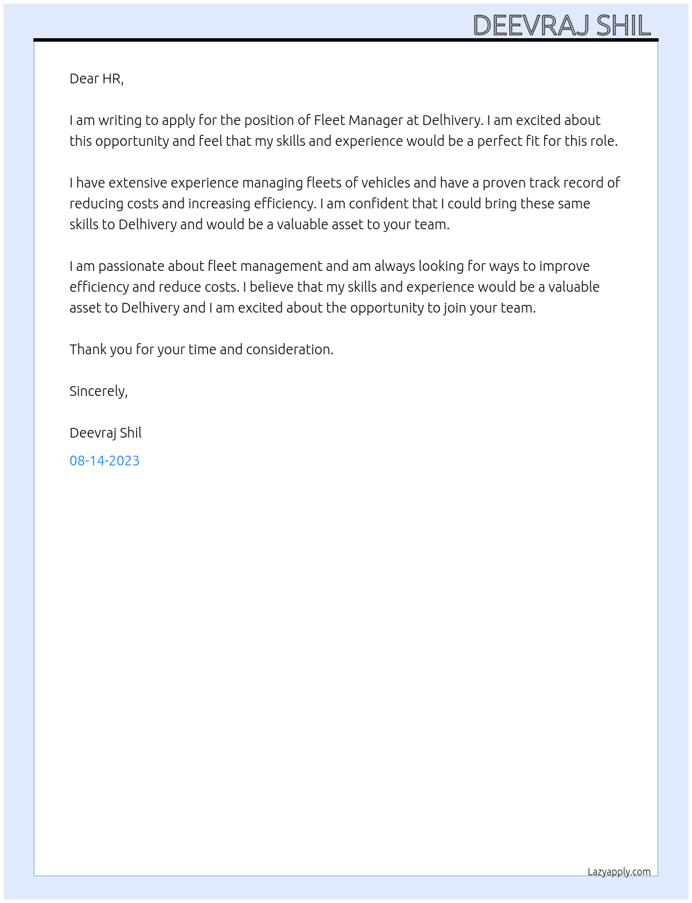 Fleet Manager At Delhivery Cover Letter