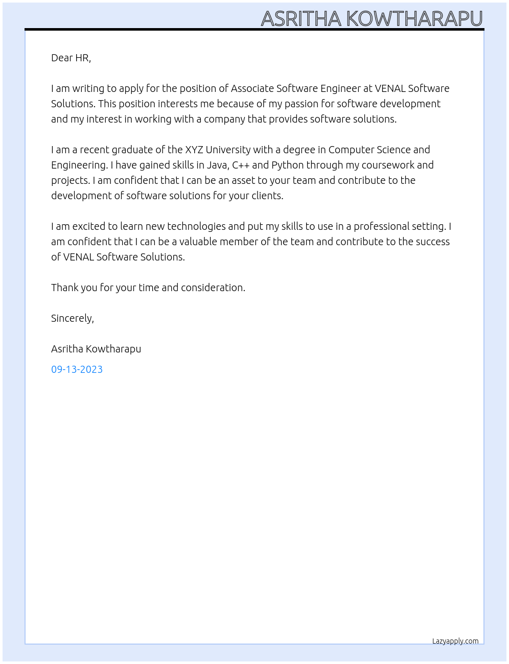 Associate Software Engineer At VENAL SOFTWARE SOLUTIONS Cover Letter