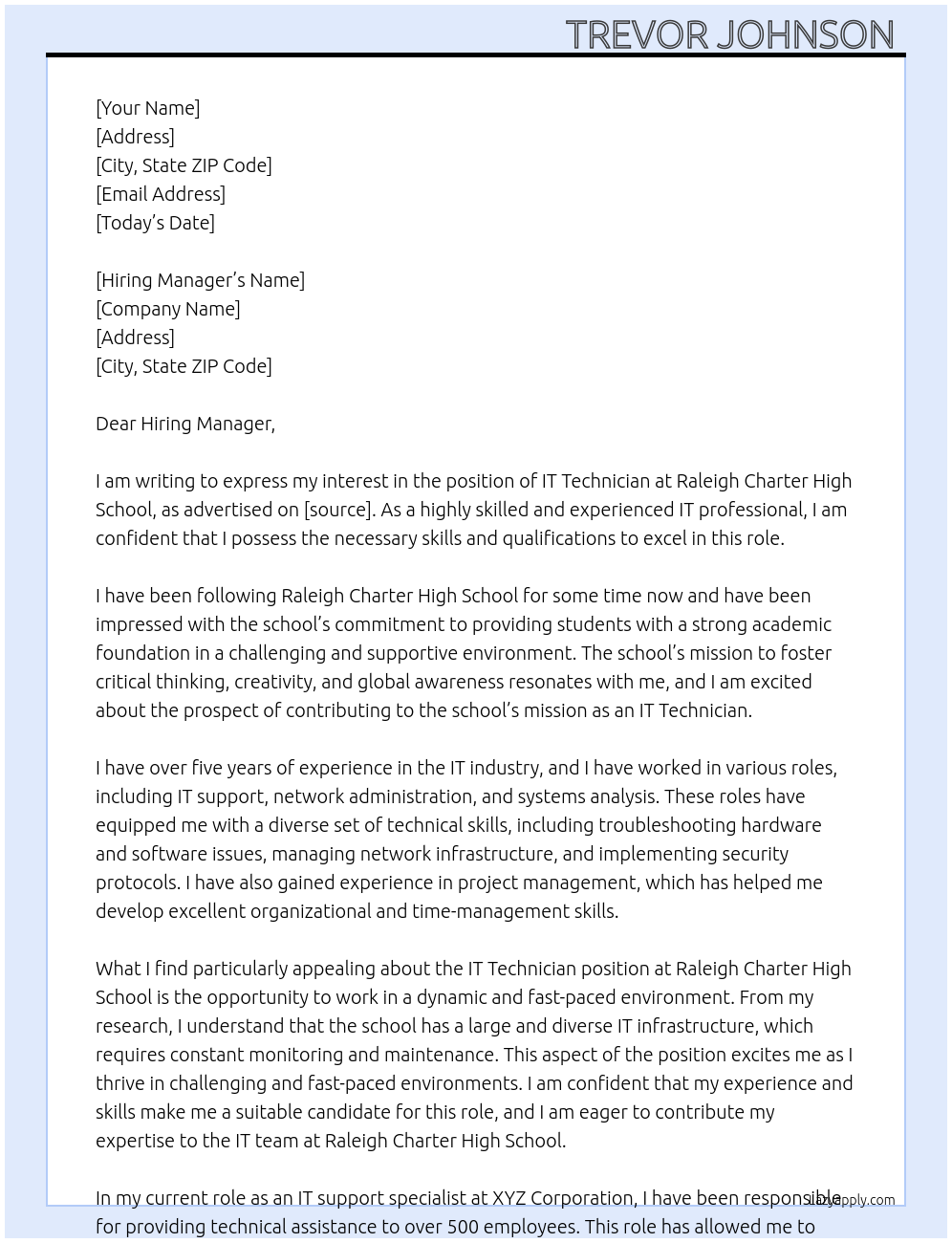 IT Technician At Raleigh Charter High School Cover Letter