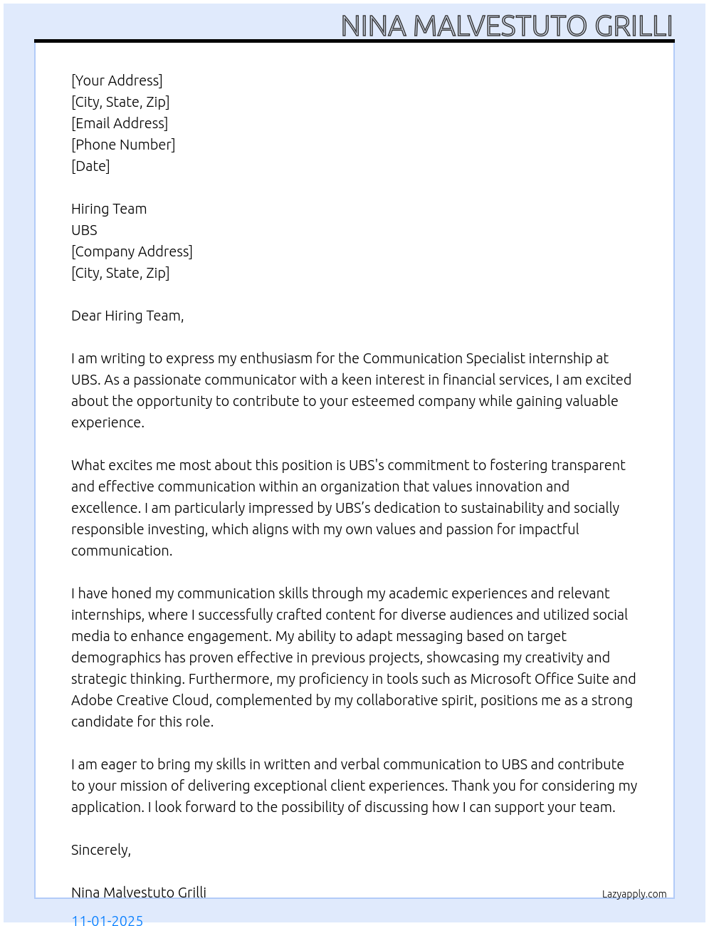 Communication Specialist At UBS Cover Letter