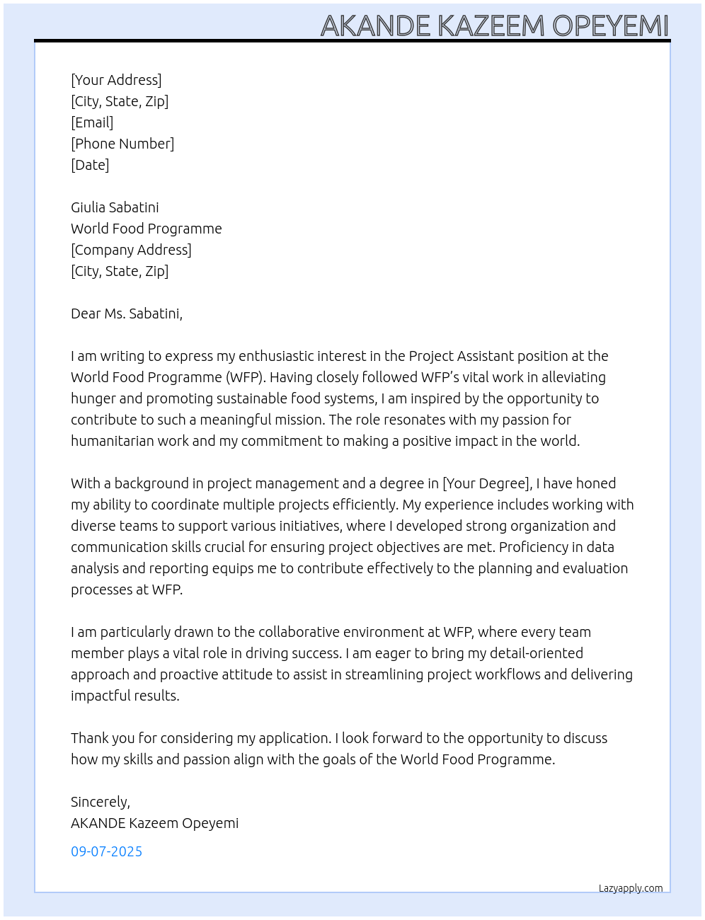 Project Assistant At World Food Programme Cover Letter