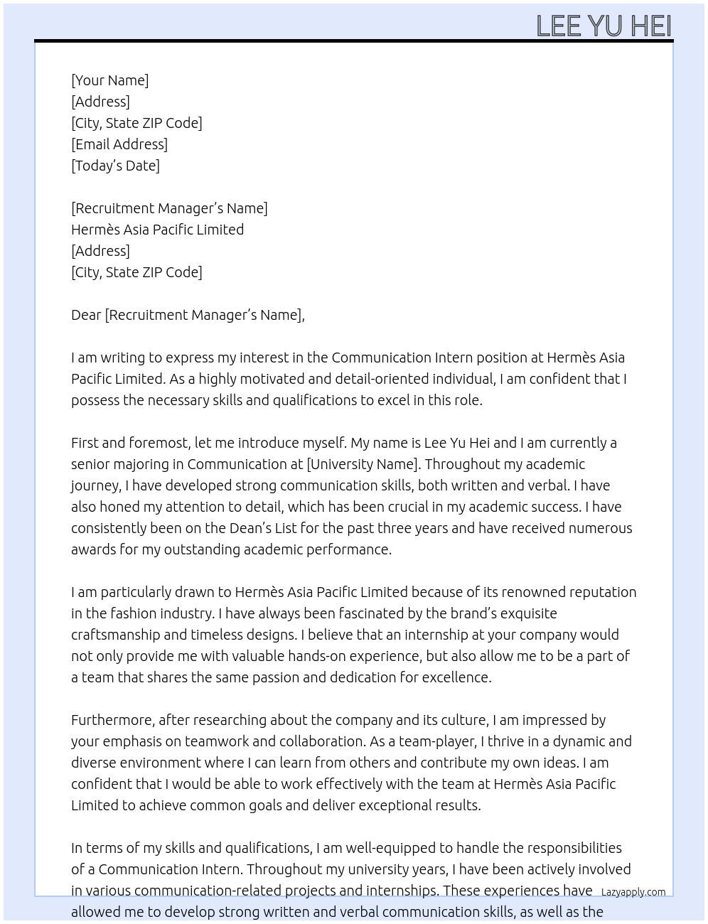 Communication Intern At Hermès Asia Pacific Limited Cover Letter