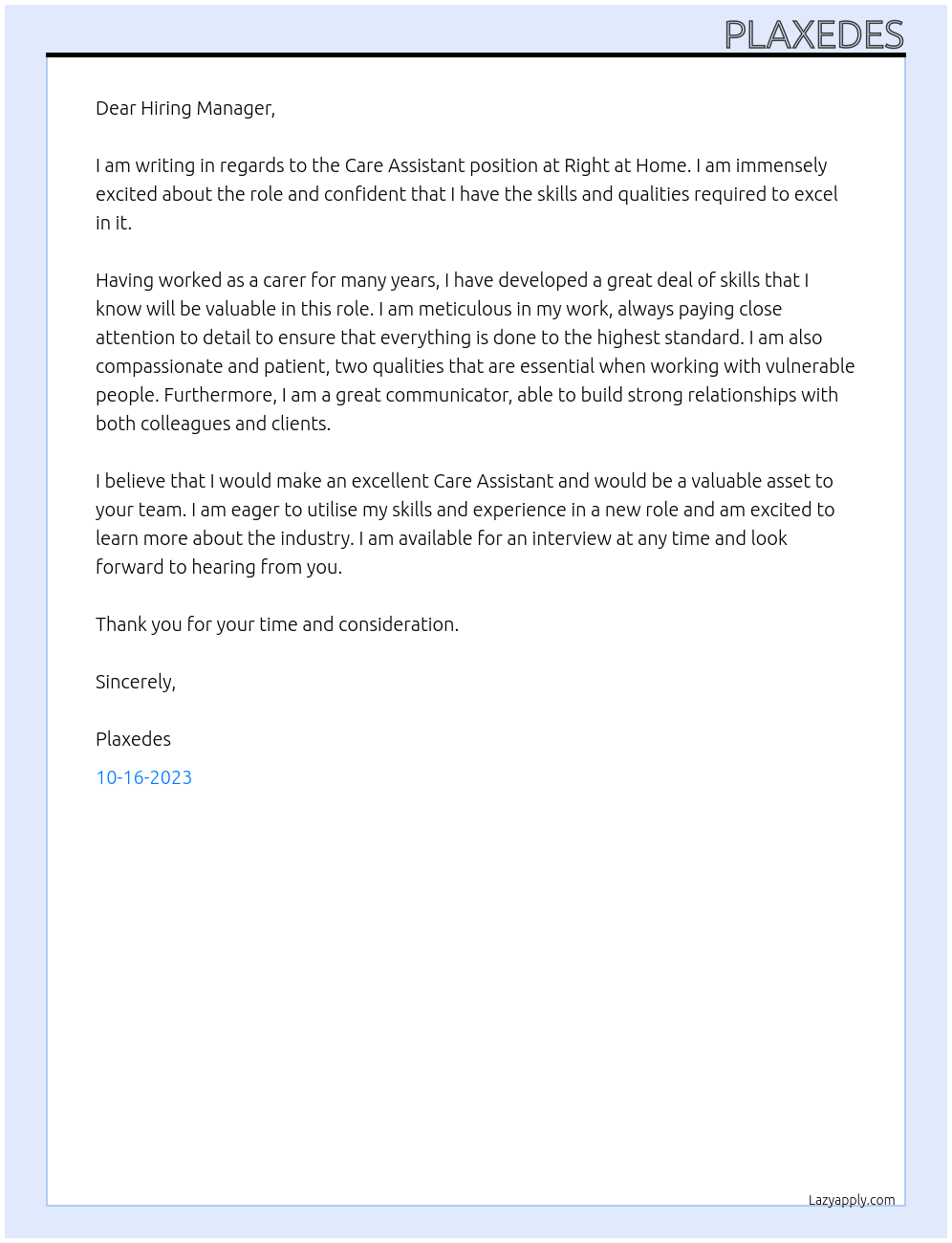 Care Assistant At Right at home Cover Letter