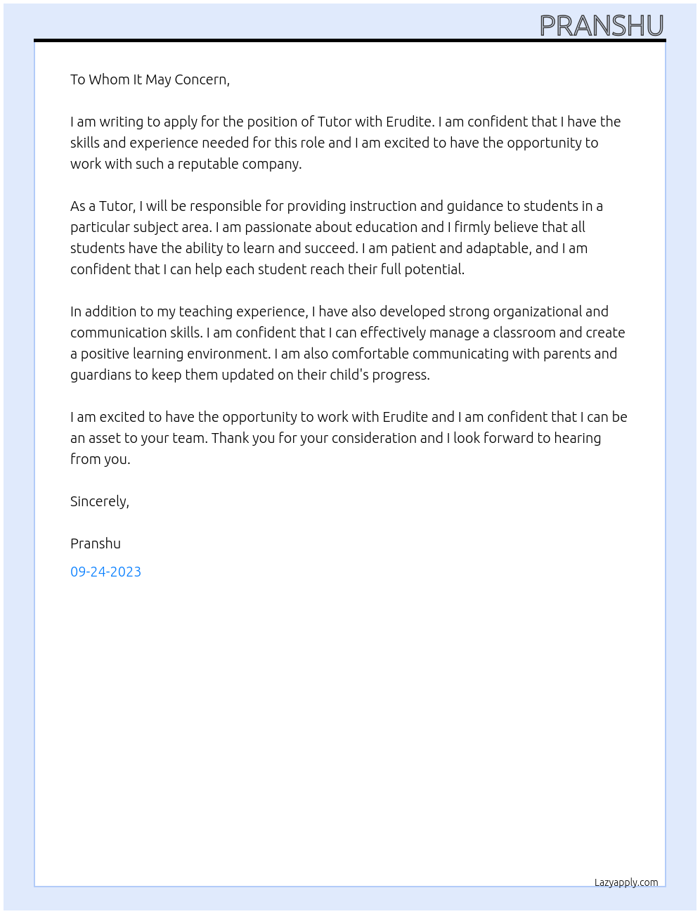 Tutor At Erudite Cover Letter