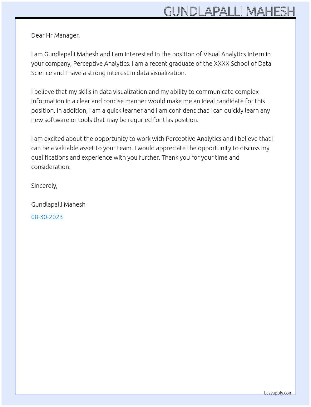 Visual Analytics Intern At perceptive Analytics Cover Letter