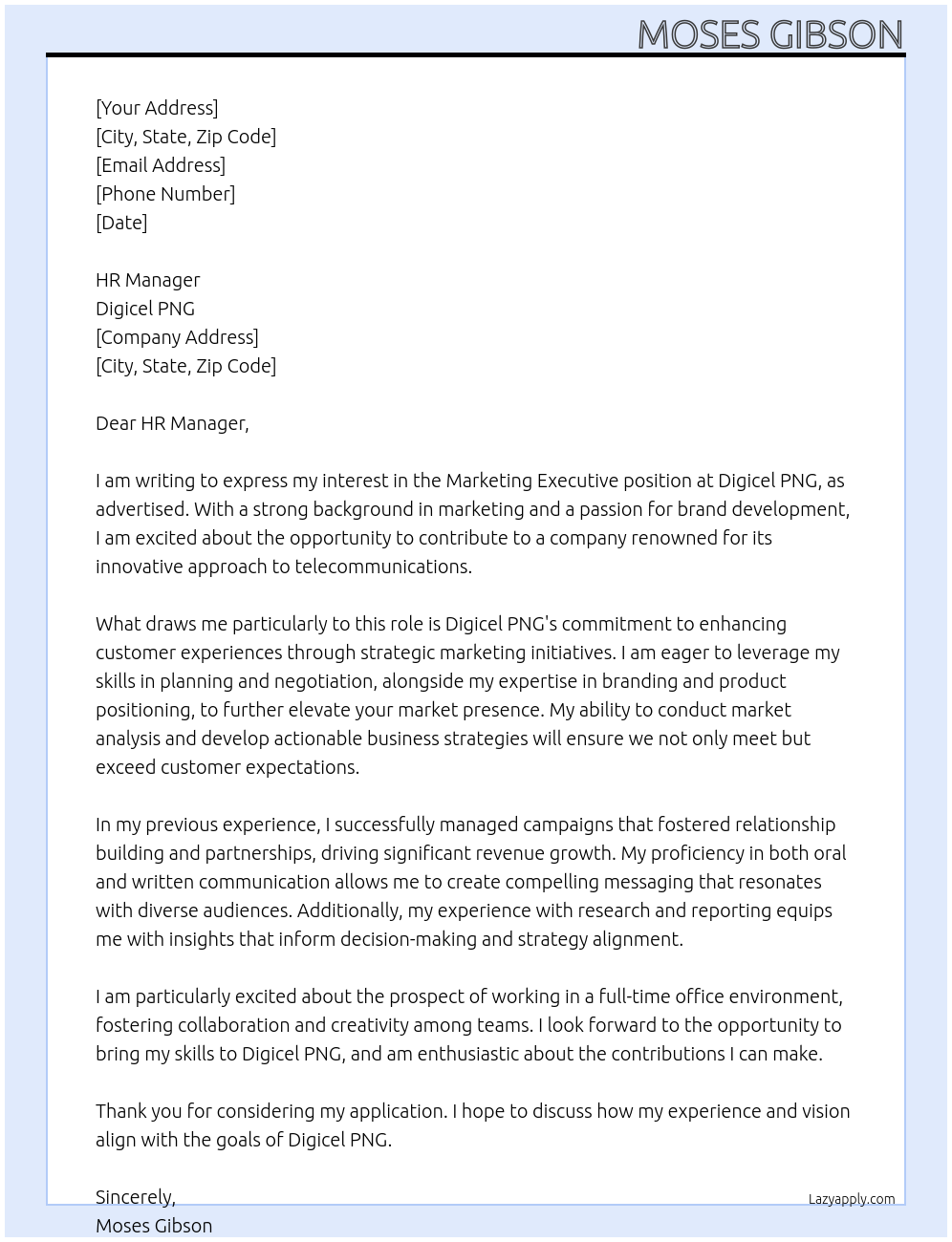Marketing Executive At Digicel PNG Cover Letter