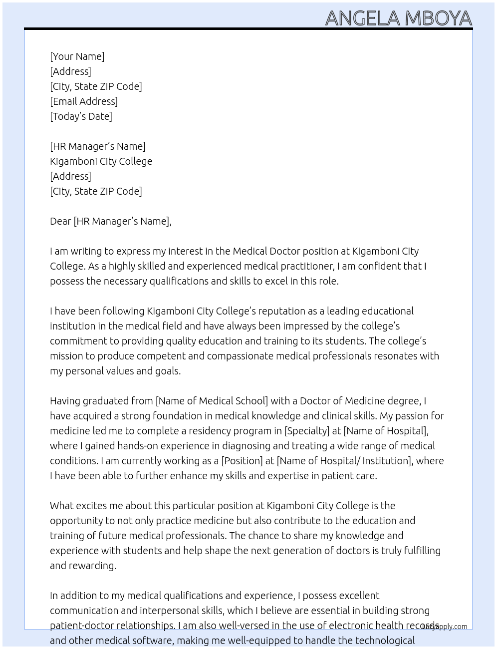 medical doctor At kigamboni city college Cover Letter