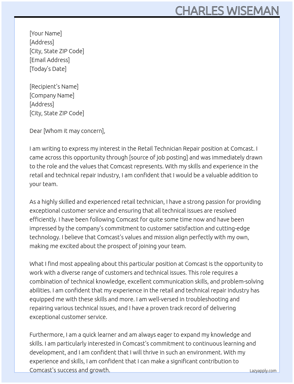 Cover letter for retail technician repair - LazyApply