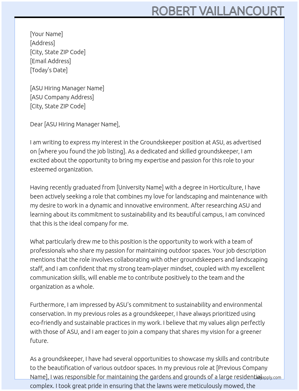 Groundskeeper At ASU Cover Letter