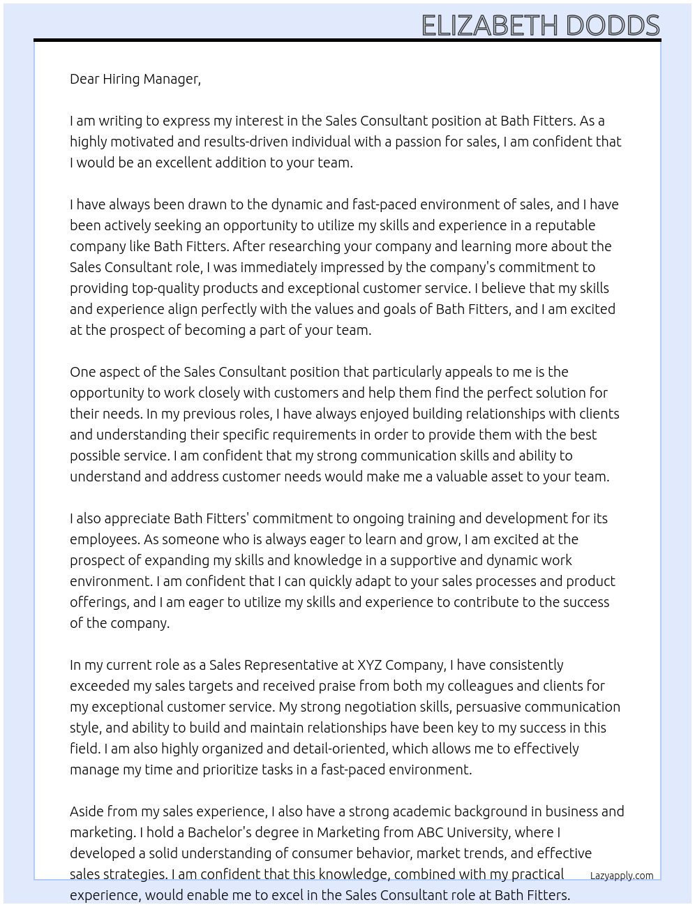 Sales consultant At Bath Fitters Cover Letter