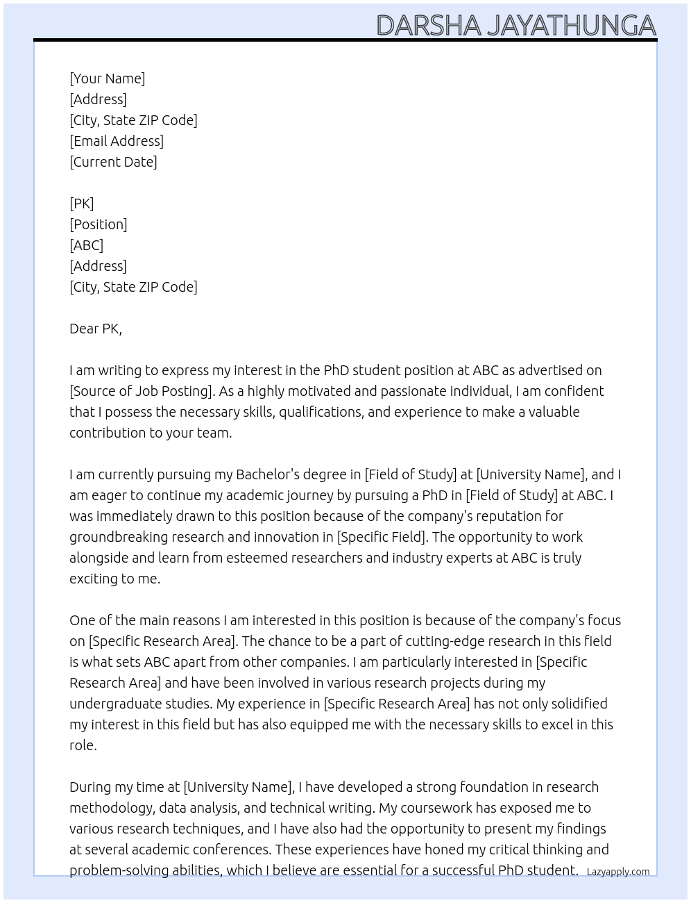 phd student  At ABC Cover Letter
