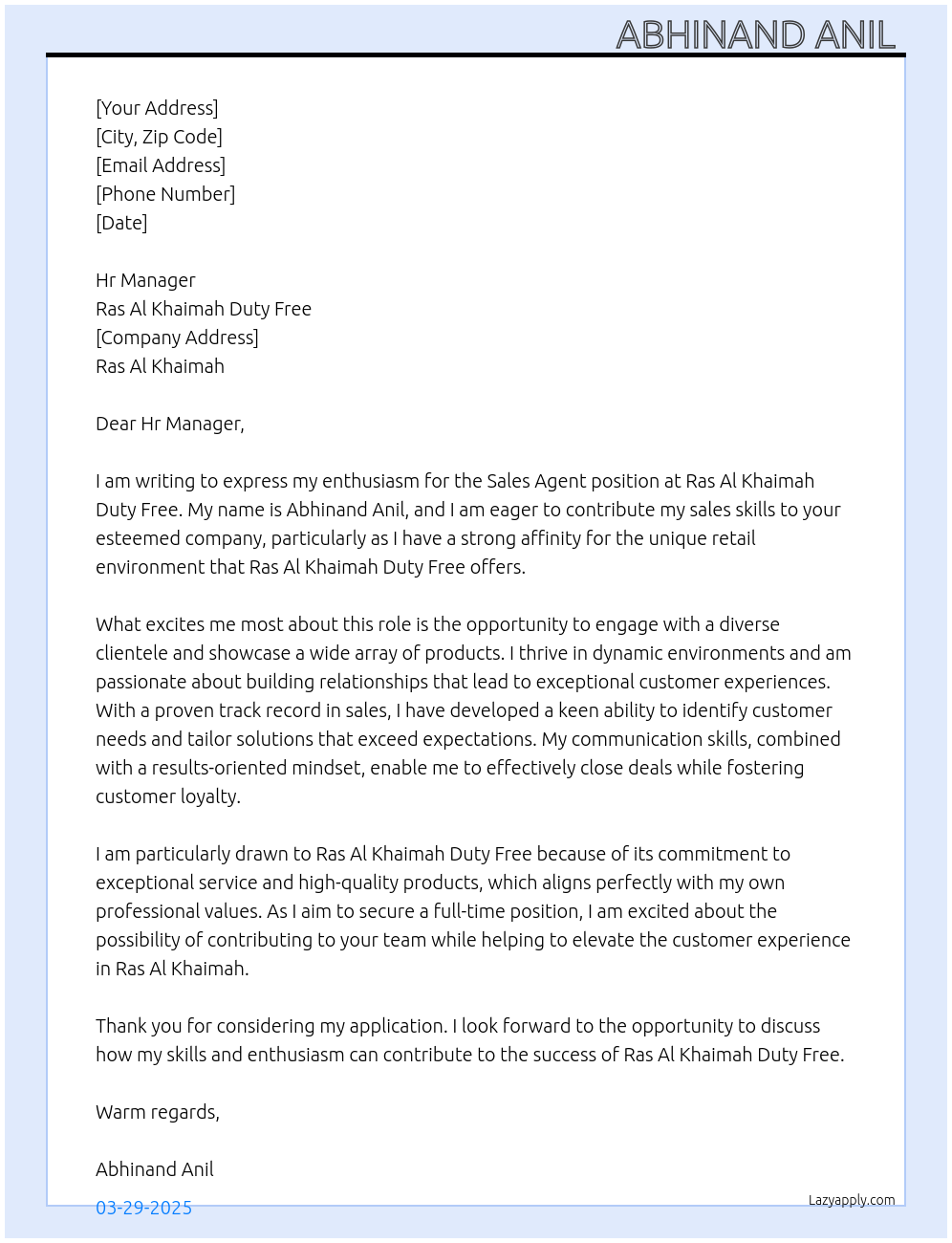 Sales Agent At Ras Al Khaimah duty free Cover Letter