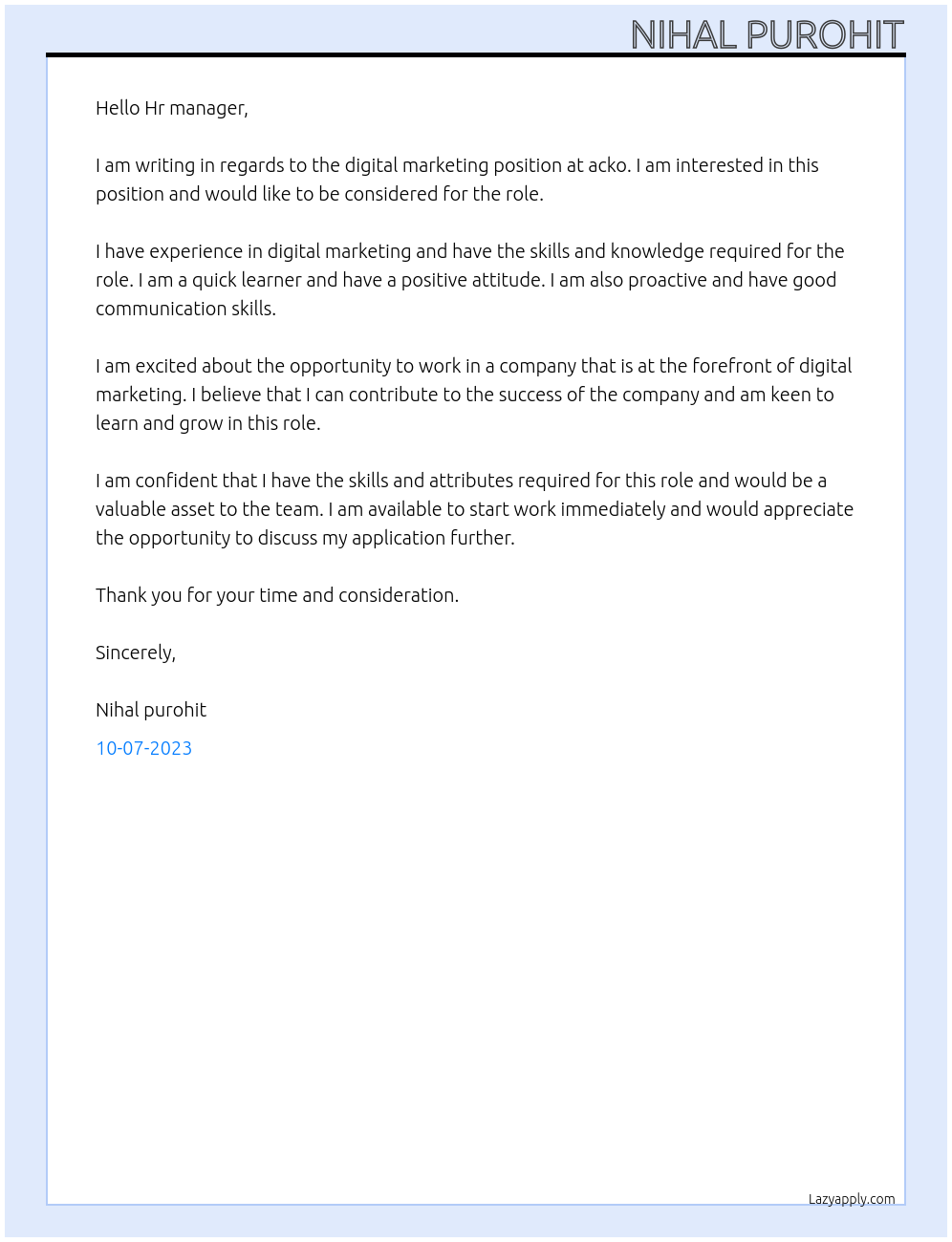 Digital marketing At acko Cover Letter