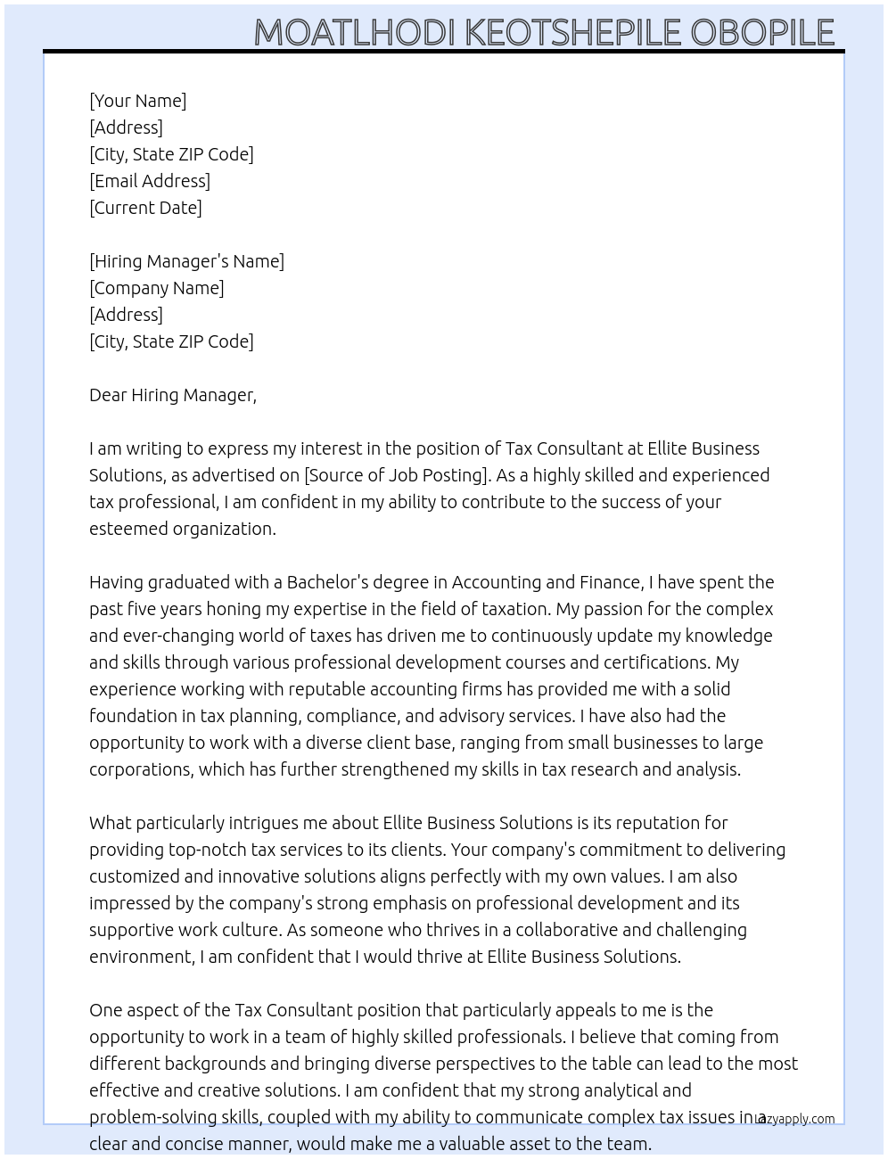 Tax Consultant  At Ellite Business Solutions  Cover Letter