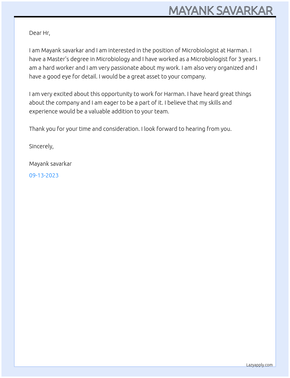 Microbiologist At Harman Cover Letter