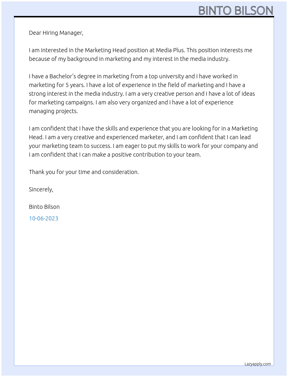 Marketing Head At Media Plus Cover Letter