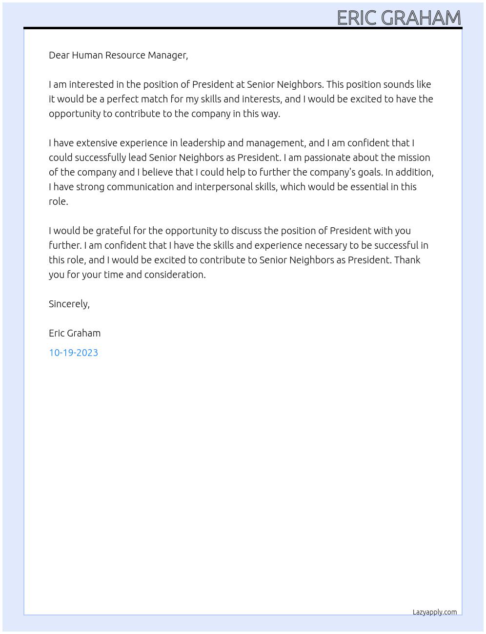 President At Senior Neighbors  Cover Letter