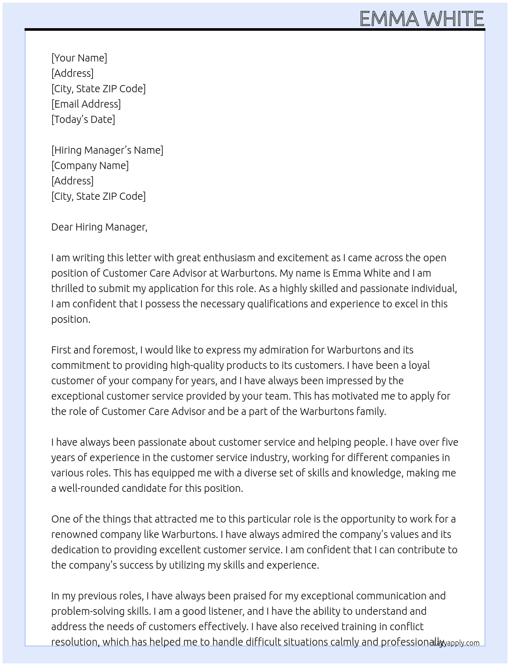 Customer care advisor At warburtons Cover Letter