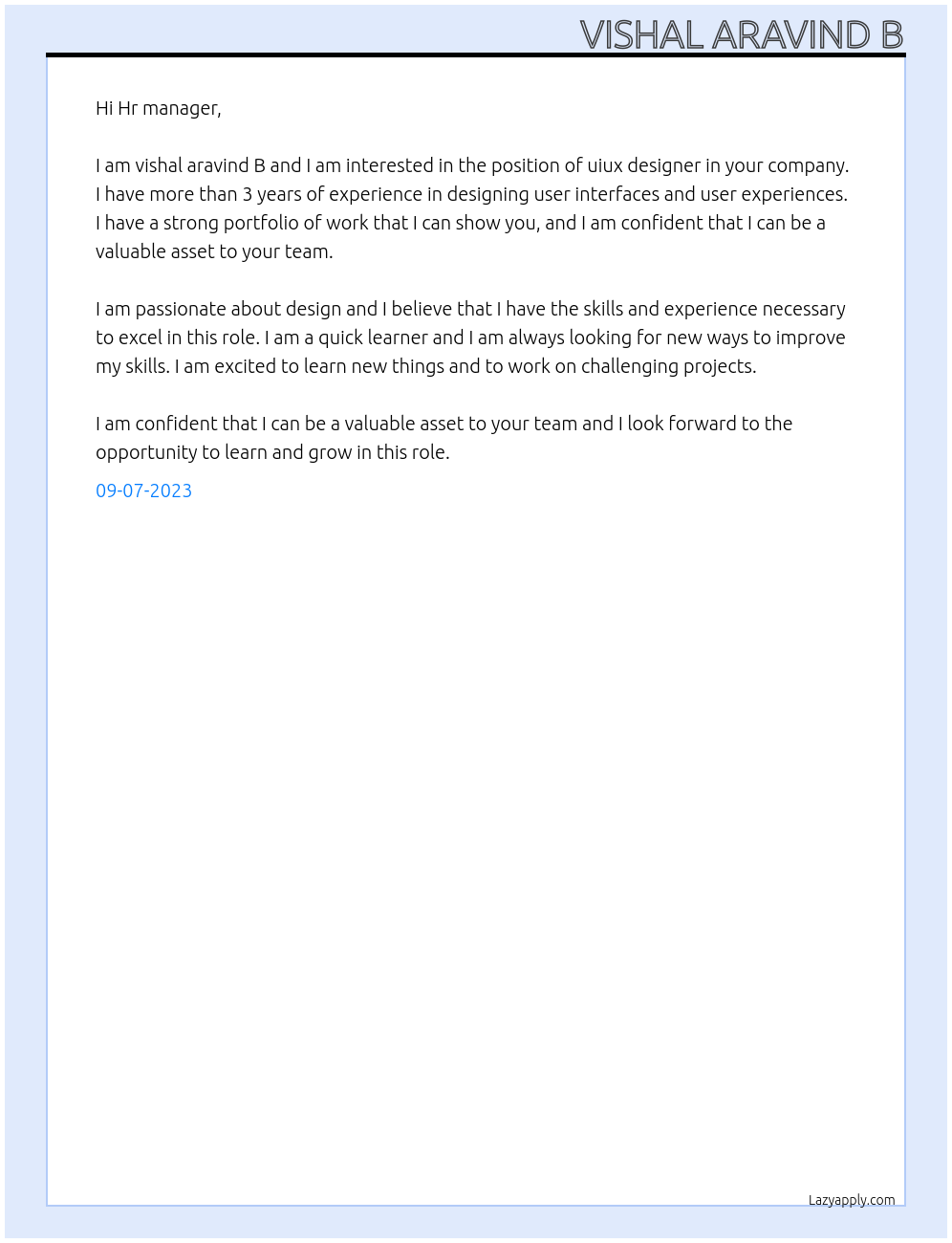 uiux designer At MWT Technologies Cover Letter