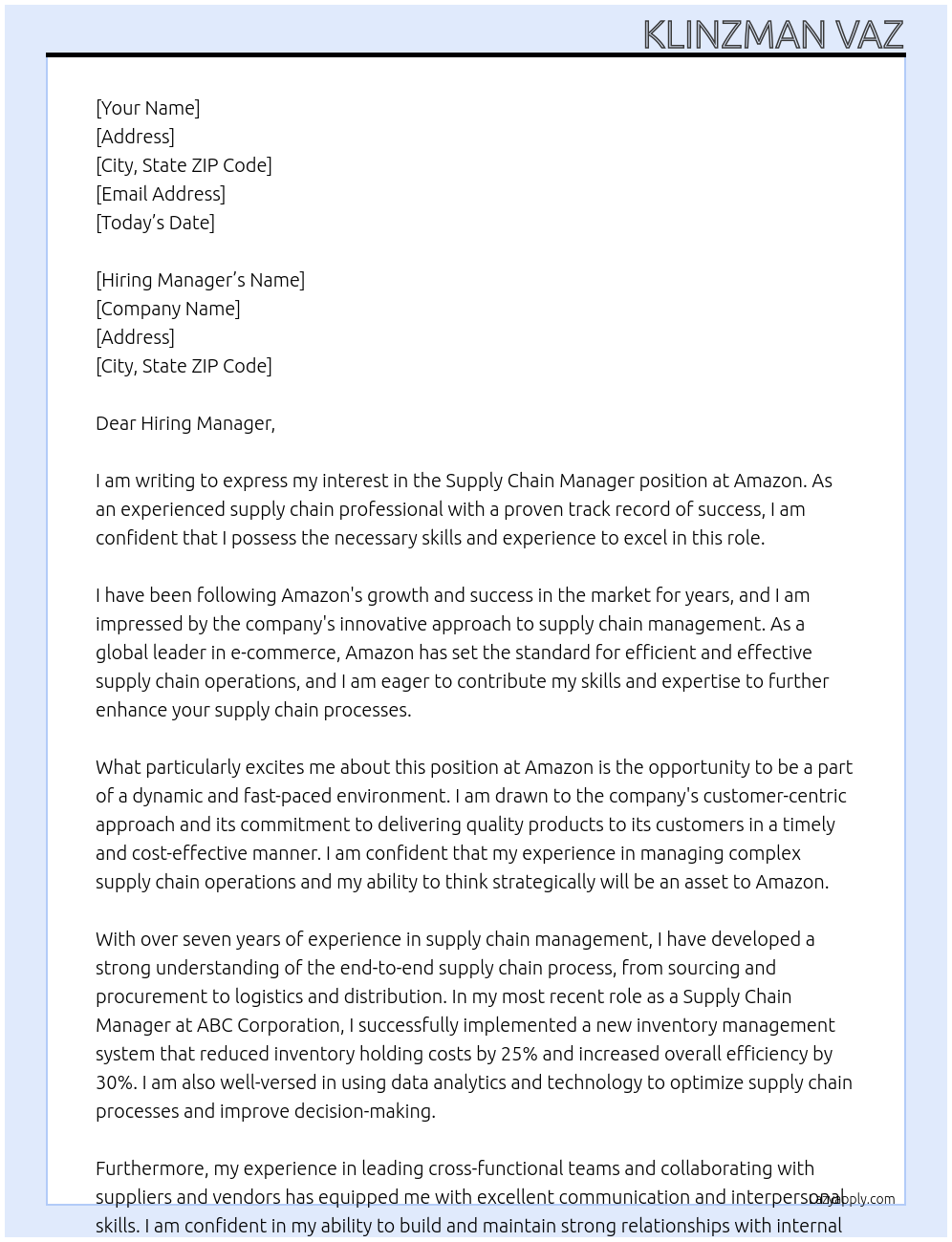 Supply Chain Manager At Amazon Cover Letter