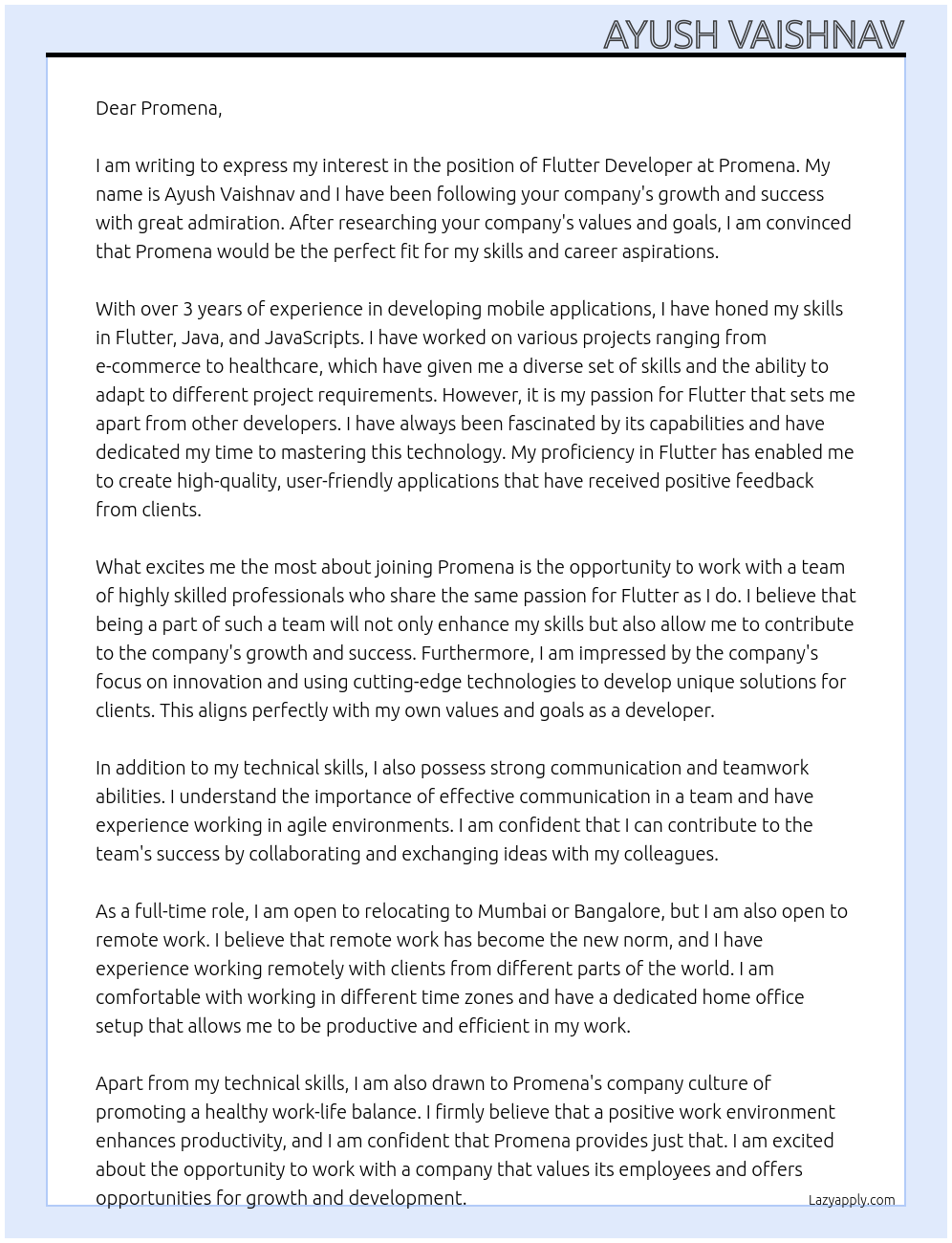 Flutter Developer At Promena Cover Letter