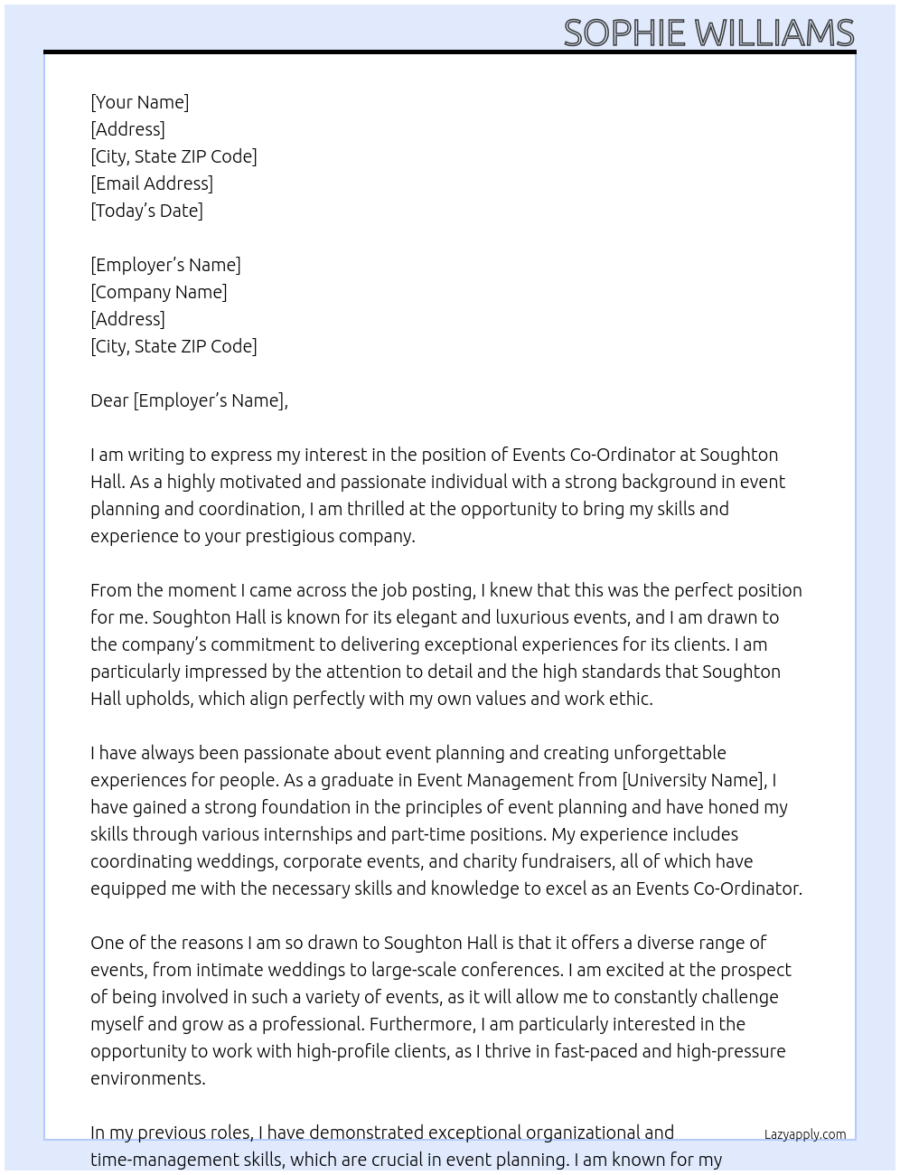 Events Co-Ordinator At Soughton Hall Cover Letter