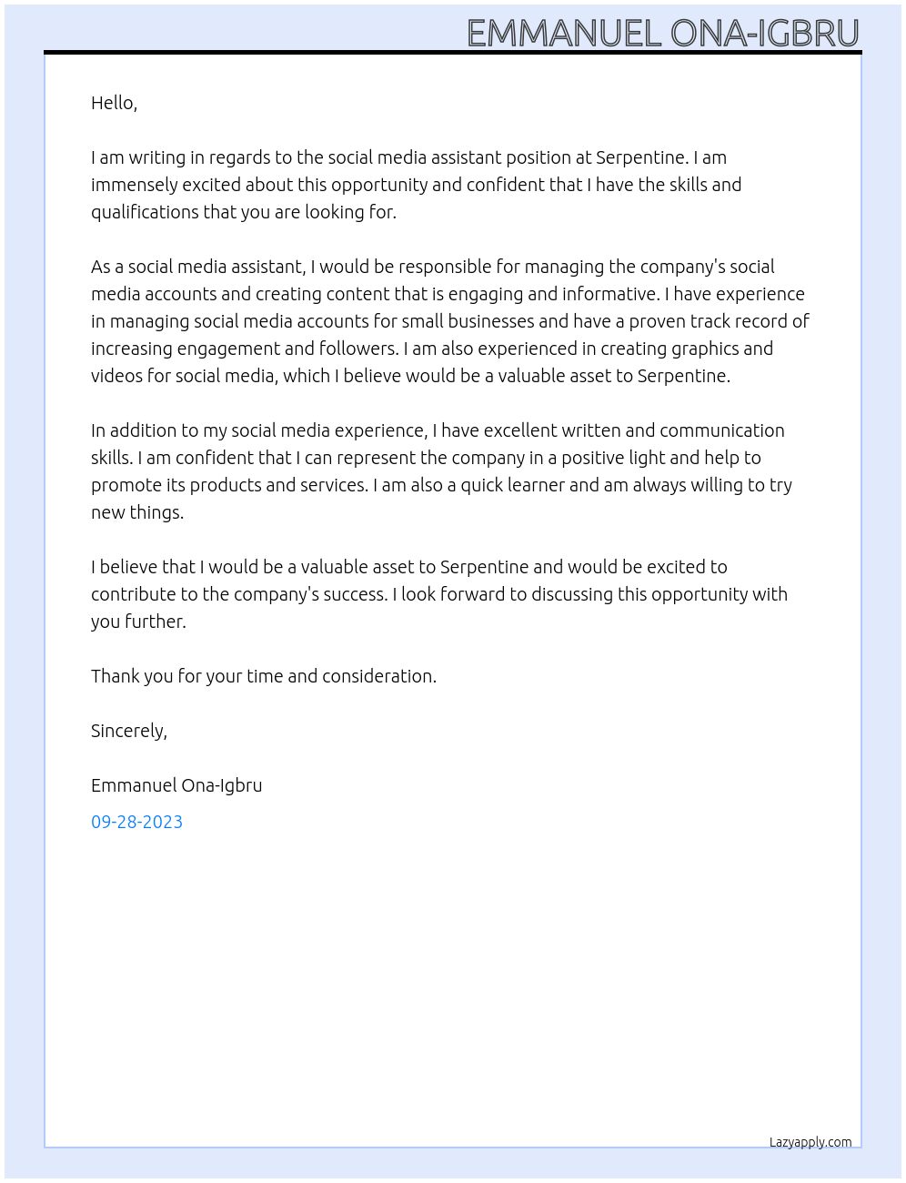 Social media assistant At serpentine Cover Letter