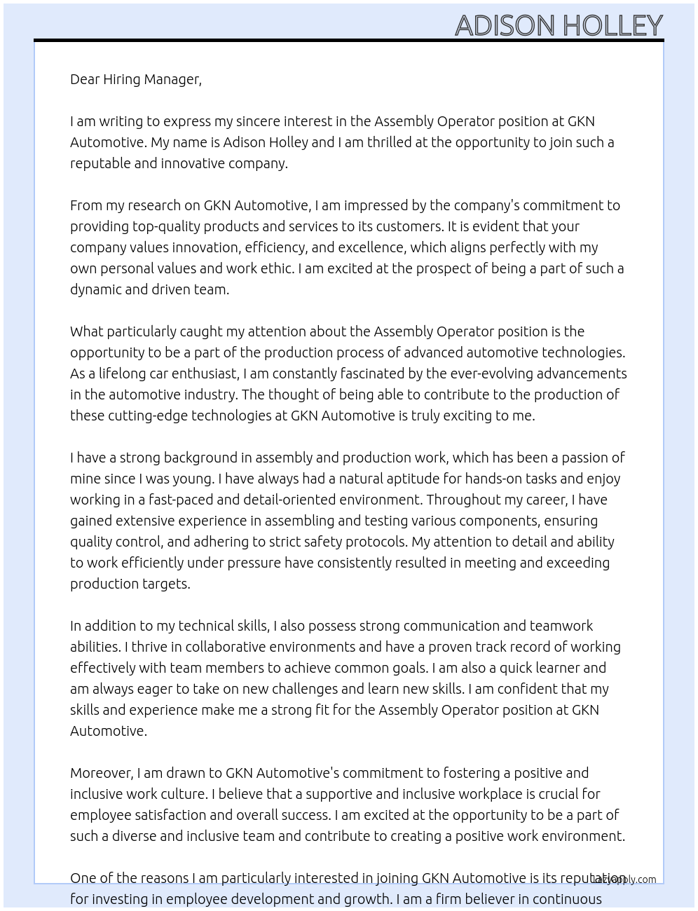 Assembly Operator At GKN Automotive Cover Letter