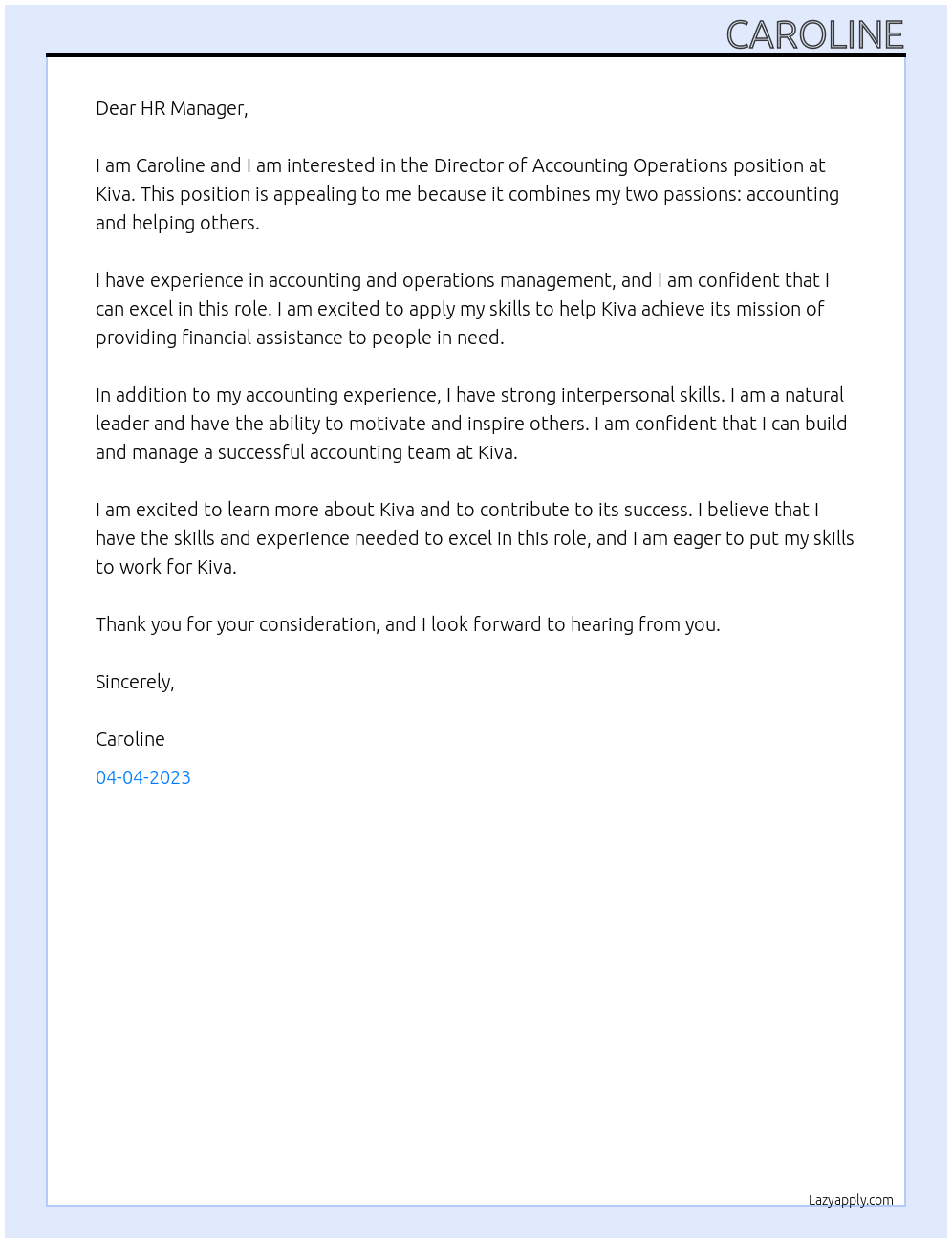 Director of Accounting Operations At Kiva Cover Letter