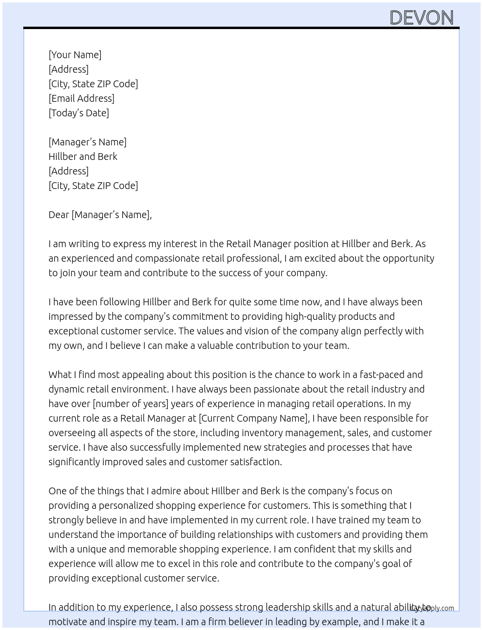 Retail At Hillber and Berk Cover Letter