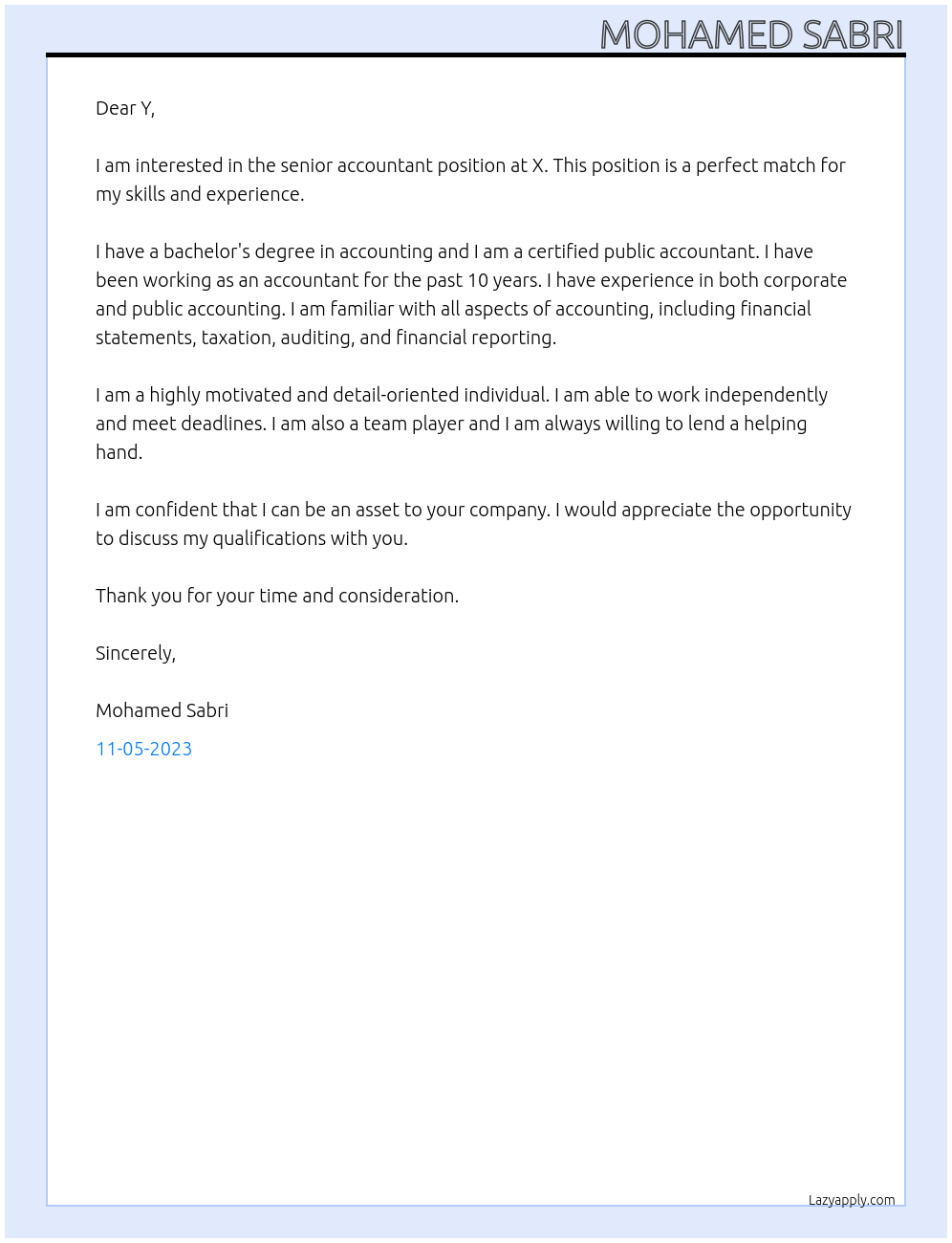 senior accountant At X Cover Letter